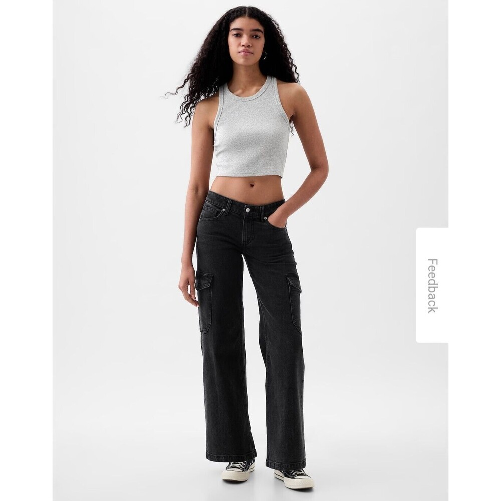 New Gap Low Rise Stride Wide Leg Black Cargo Pockets Utility Jeans Size 16 Short